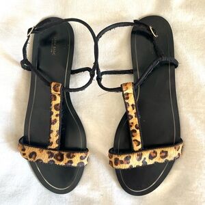 Zara Black Leather Sandals with Leopard Print Straps